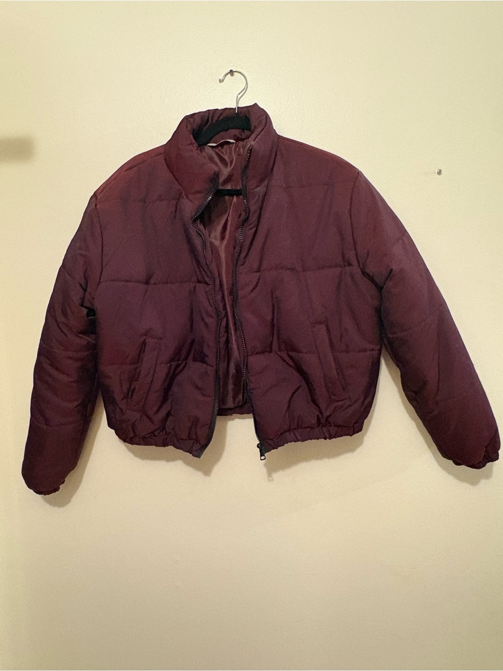 Women's Burgundy Puffer Jacket - Crop Winter Coat